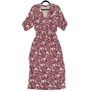 Garnet Hill 2025 Women Small Juno Jersey Knit Midi Dress Deep Berry Floral Red